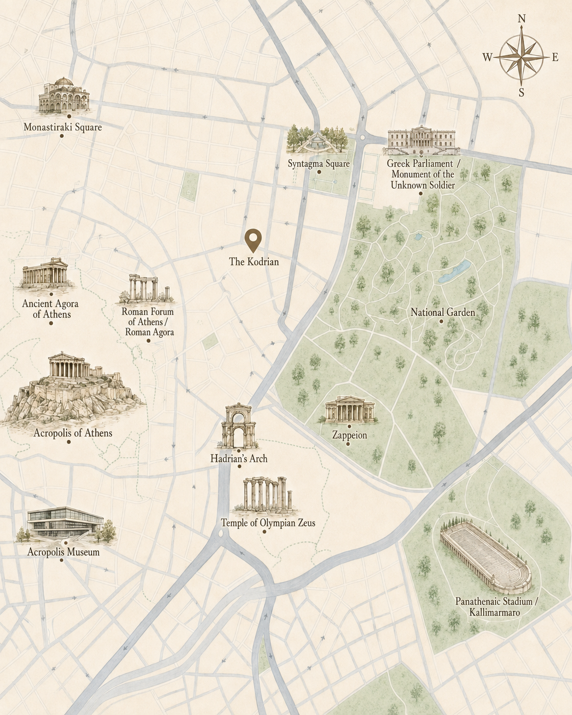 Illustrated map of central Athens
